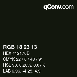 Color code: RGB 18 23 13 | qconv.com