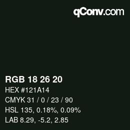 Color code: RGB 18 26 20 | qconv.com