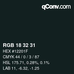 Color code: RGB 18 32 31 | qconv.com