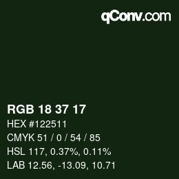 Color code: RGB 18 37 17 | qconv.com