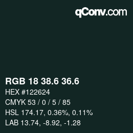 カラーコード: RGB 18 38.6 36.6 | qconv.com