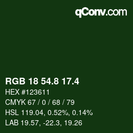カラーコード: RGB 18 54.8 17.4 | qconv.com