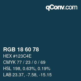 カラーコード: RGB 18 60 78 | qconv.com