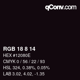 カラーコード: RGB 18 8 14 | qconv.com