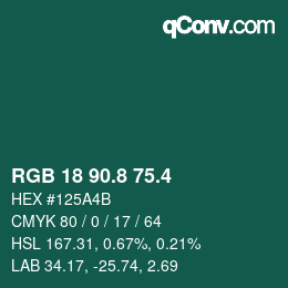 カラーコード: RGB 18 90.8 75.4 | qconv.com