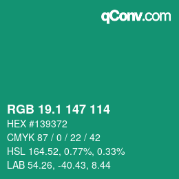 カラーコード: RGB 19.1 147 114 | qconv.com