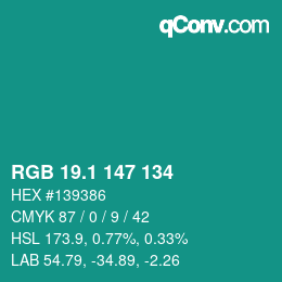 カラーコード: RGB 19.1 147 134 | qconv.com