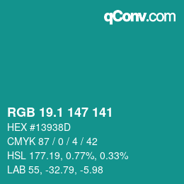カラーコード: RGB 19.1 147 141 | qconv.com
