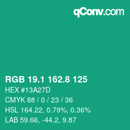 カラーコード: RGB 19.1 162.8 125 | qconv.com