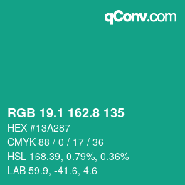 カラーコード: RGB 19.1 162.8 135 | qconv.com