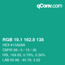 カラーコード: RGB 19.1 162.8 138 | qconv.com