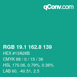カラーコード: RGB 19.1 162.8 139 | qconv.com