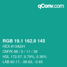 カラーコード: RGB 19.1 162.8 145 | qconv.com