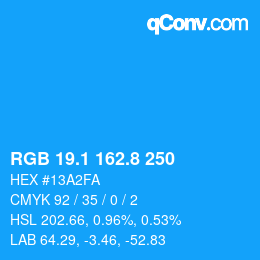 Color code: RGB 19.1 162.8 250 | qconv.com