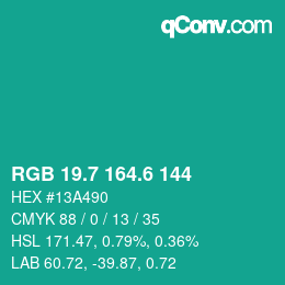 カラーコード: RGB 19.7 164.6 144 | qconv.com