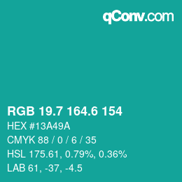カラーコード: RGB 19.7 164.6 154 | qconv.com