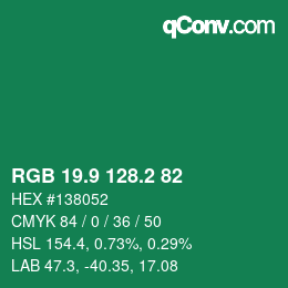 カラーコード: RGB 19.9 128.2 82 | qconv.com