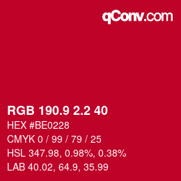 カラーコード: RGB 190.9 2.2 40 | qconv.com