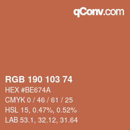 Color code: RGB 190 103 74 | qconv.com