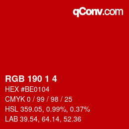 Color code: RGB 190 1 4 | qconv.com