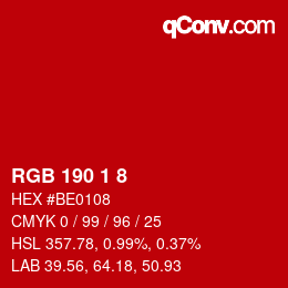 Color code: RGB 190 1 8 | qconv.com