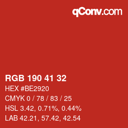 颜色代码: RGB 190 41 32 | qconv.com