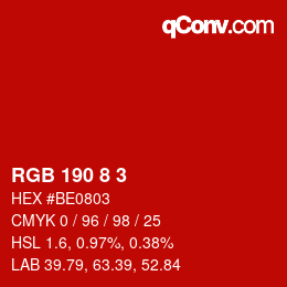 カラーコード: RGB 190 8 3 | qconv.com