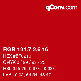 カラーコード: RGB 191.7 2.6 16 | qconv.com