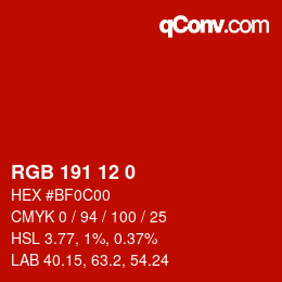 Color code: RGB 191 12 0 | qconv.com