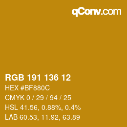 Color code: RGB 191 136 12 | qconv.com