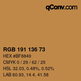 Color code: RGB 191 136 73 | qconv.com
