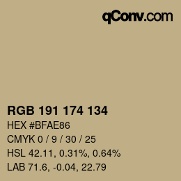 Color code: RGB 191 174 134 | qconv.com