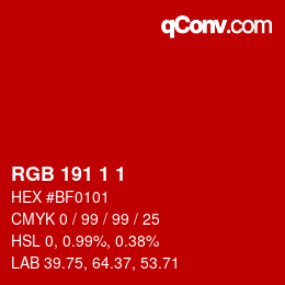 Farbcode: RGB 191 1 1 | qconv.com