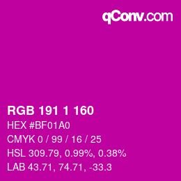Farbcode: RGB 191 1 160 | qconv.com