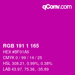Color code: RGB 191 1 165 | qconv.com