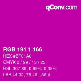 Color code: RGB 191 1 166 | qconv.com