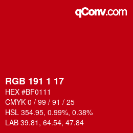 カラーコード: RGB 191 1 17 | qconv.com