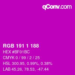 カラーコード: RGB 191 1 188 | qconv.com