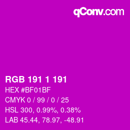 カラーコード: RGB 191 1 191 | qconv.com