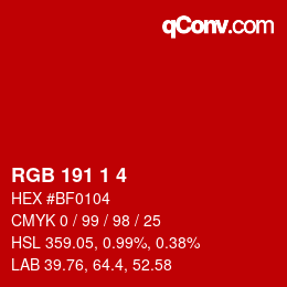 Color code: RGB 191 1 4 | qconv.com