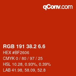 カラーコード: RGB 191 38.2 6.6 | qconv.com