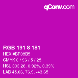 颜色代码: RGB 191 8 181 | qconv.com