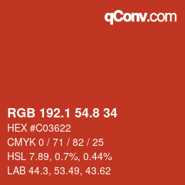 カラーコード: RGB 192.1 54.8 34 | qconv.com