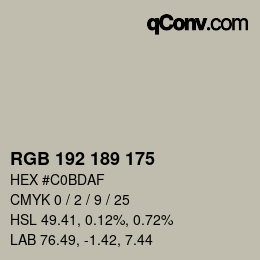 颜色代码: RGB 192 189 175 | qconv.com
