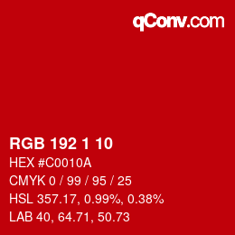 Color code: RGB 192 1 10 | qconv.com