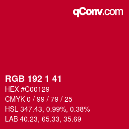 カラーコード: RGB 192 1 41 | qconv.com