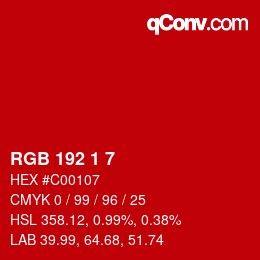 Color code: RGB 192 1 7 | qconv.com