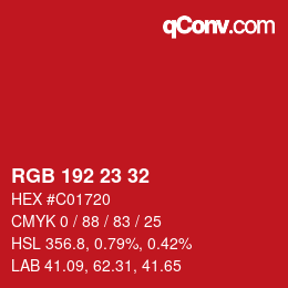 颜色代码: RGB 192 23 32 | qconv.com