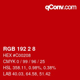 颜色代码: RGB 192 2 8 | qconv.com