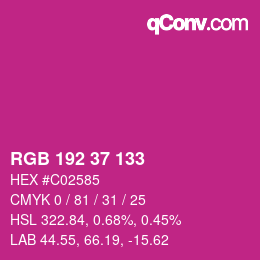 颜色代码: RGB 192 37 133 | qconv.com
